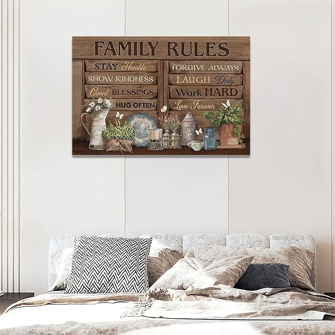 Country Family Rules Wall Art Farmhouse Inspiration Wall Decor Rustic Flower Home Sign Pictures Canvas Painting Artwork Home Decorations For Living Room Bedroom Bathroom Office 24"x16"