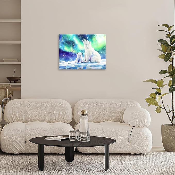 Olivine Polar Bear Wall Art, Northern Lights Pictures Wall Decor,Watercolor Polar Landscape Canvas Prints Paintings, Framed Artwork for Bathroom Bedroom Living Room Office Home Decoration 16"x12"