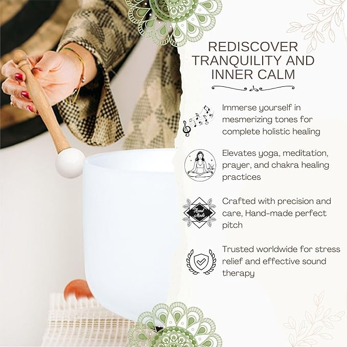 8 inch White C Note Root Chakra Quartz Crystal Singing Bowl, for Healing Mindfulness Meditation Yoga Sound Baths, with Rubber Mallet O-ring