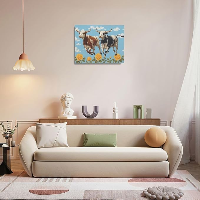 Longhorn Wall Decor Funny Cow Canvas Wall Art Cute Cattle Pictures Painting Artwork Framed Decoration for Bedroom Bathroom Living Room Kitchen Dining Room Office 16"x20"