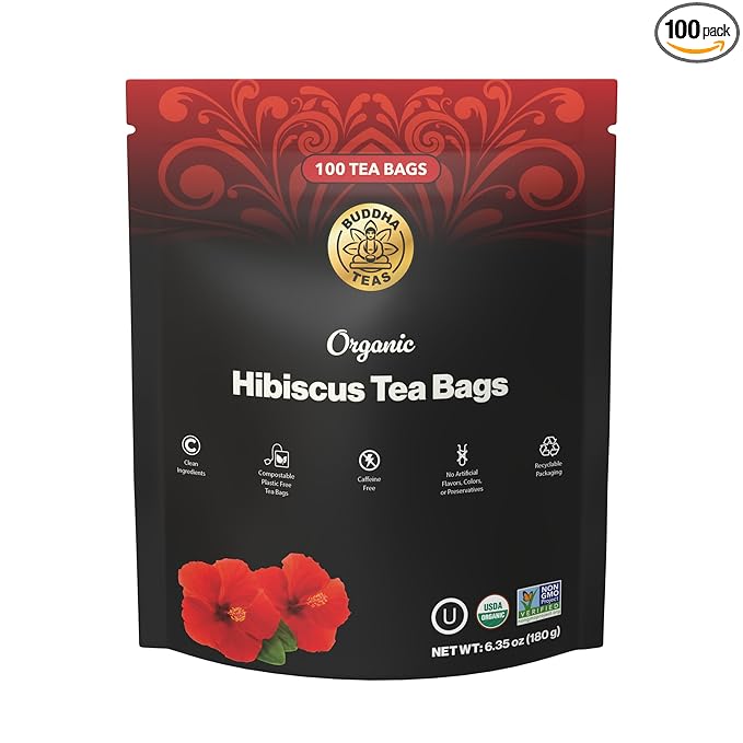 Buddha Teas - Organic Hibiscus Tea Bags - For Health & Wellbeing - With Antioxidants & Vitamin C - Clean Ingredients - Caffeine Free - OU Kosher & Non-GMO - 100 Non-String Tea Bags (Pack of 1)