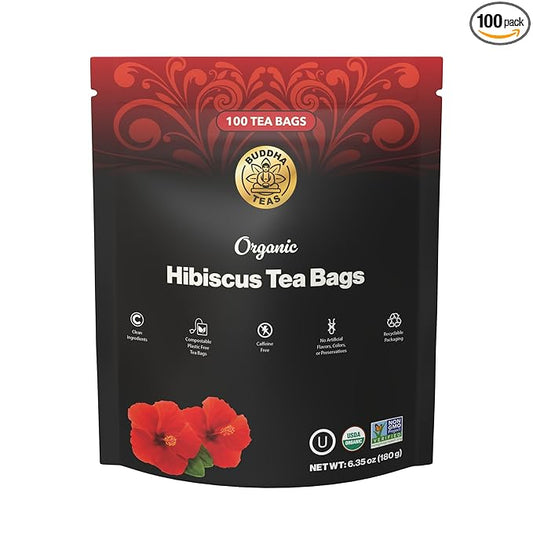 Buddha Teas - Organic Hibiscus Tea Bags - For Health & Wellbeing - With Antioxidants & Vitamin C - Clean Ingredients - Caffeine Free - OU Kosher & Non-GMO - 100 Non-String Tea Bags (Pack of 1)
