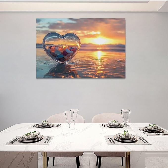 Fleruku Beach Sunset Wall Art Ocean Coastline Wall Decor Natural Scenery Pictures Canvas Painting Artwork Home Decorations for Living Room Bedroom Bathroom Office 24"x16"