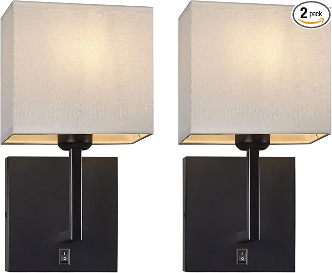 TERLEENART Modern Hard Wired Wall Sconces Set of 2 with on/Off Switch and Square White Fabric Shade,Wall Mounted Light for Living Room Fireplace Mantel Foyer Hallway