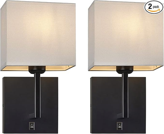 TERLEENART Modern Hard Wired Wall Sconces Set of 2 with on/Off Switch and Square White Fabric Shade,Wall Mounted Light for Living Room Fireplace Mantel Foyer Hallway