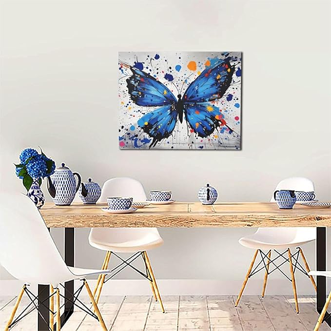 Banksy Butterfly Wall Art Blue Butterfly Street Art Graffiti Wall Decor Pictures Painting Canvas Artwork Framed Decoration Gifts for Women Girl Living Room Bedroom Office 16"x20"