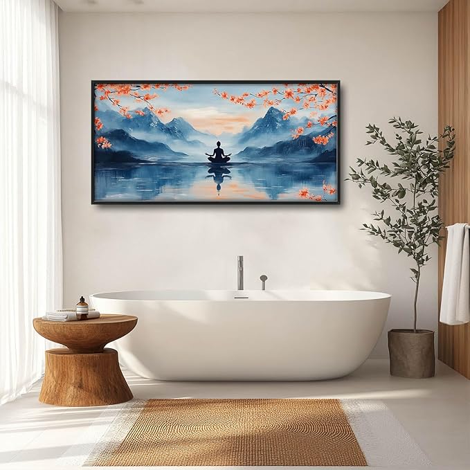 Zen Large Wall Art Buddha Lake Pictures Wall Decor Cherry Blossom Canvas Landscape Meditation Print Painting Modern Artwork Home Decoration for Yoga Spa Living Room Bathroom Bedroom Office Framed 60"x30"