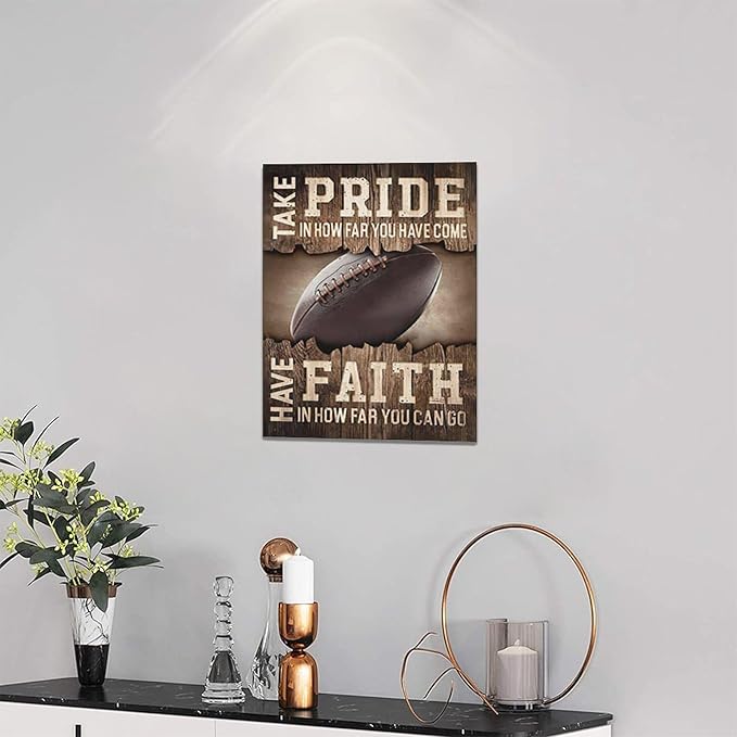 Fleruku Rustic Football Wall Art Sports Wall Decor Inspirational Quotes Brown Pictures Football Sign Canvas Painting Artwork Home Decorations for Boy Man Teenager Fans Bedroom Living Room 12"x16"