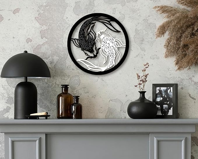 Creoate Home Decor Wall Art Wooden Koi Fish, Black and White Yin Yang Themed Zen Wall Mount Plaque Decor for Yoga Room Bathroom Living Room Farmhouse, 12x12 inches