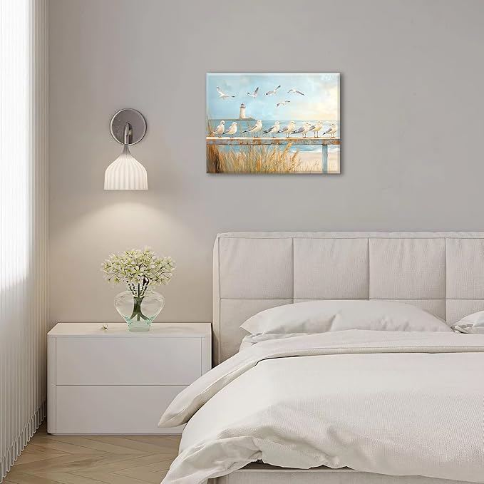 Olivine Beach Wall Art, Coastal Seagull Lighthouse Pictures Wall Decor, Nautical Canvas Prints Painting, Framed Artwork for Living Room Bathroom Bedroom Office Home Decoration 16''x12''
