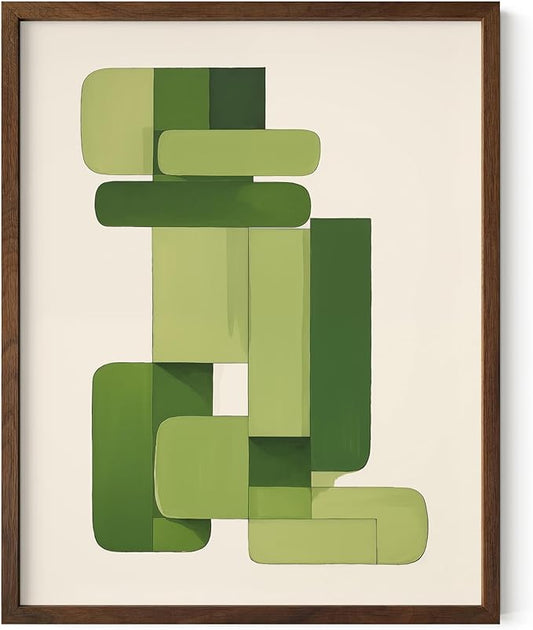 HAUS AND HUES Modern Abstract Wall Art - Blue and Green Living Room Art, Modern Artwork for Walls, Minimalist Picture for Living Room(Green Geometric, Walnut Frame, 11x14)