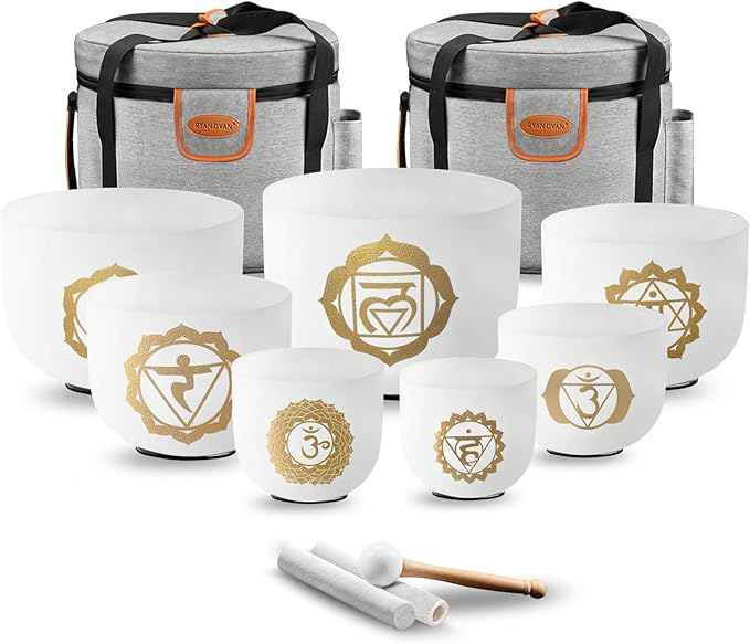 Ryan Dvan 432Hz 7-12 Inch 7 Gold Chakra Design Crystal Singing Bowl Set Frosted Quartz Crystal Sound Therapy Kit with Mallets 2 Cases O-Ring for Yoga Meditation Energy Balancing Reiki Healing