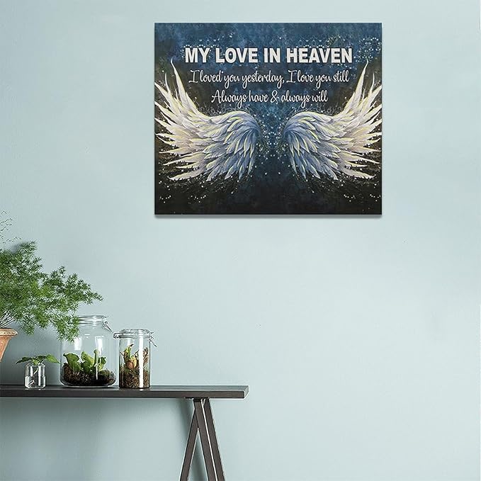 Fleruku Angel Wings Wall Art Memorial Motivational Wall Decor Wings My Love In Heaven Pictures Canvas Painting Artwork Home Decorations for Living Room Bedroom Bathroom Office 24"x20"