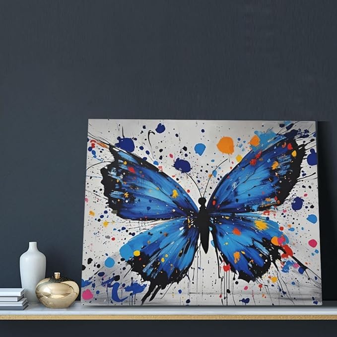 Banksy Butterfly Wall Art Blue Butterfly Street Art Graffiti Wall Decor Pictures Painting Canvas Artwork Framed Decoration Gifts for Women Girl Living Room Bedroom Office 16"x20"