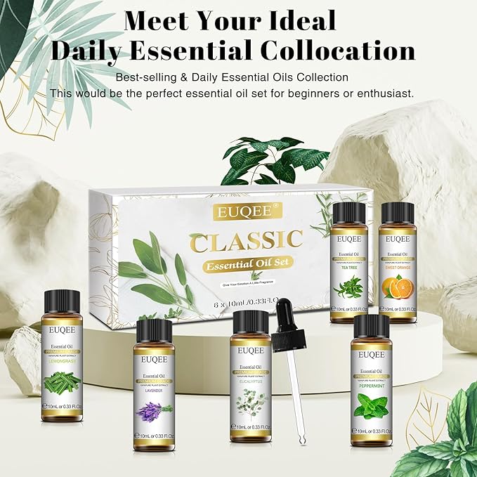 Classic Essential Oil Set of 6 Pure Essential Oil Gift Set for Diffusers, Soap Candle Making - Lavender, Eucalyptus, Peppermint, Tea Tree, Sweet Orange, Lemongrass Aromatherapy Oils -10ml