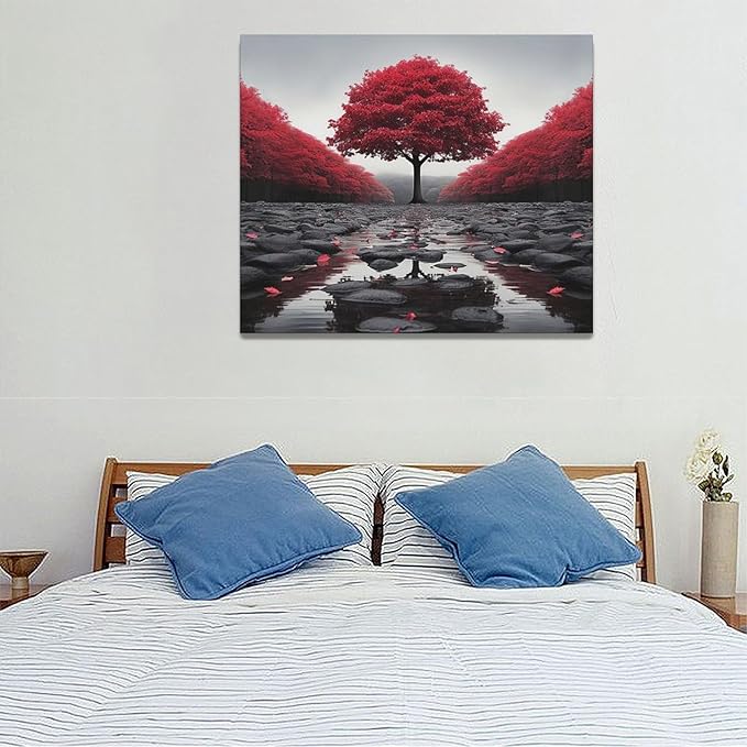 Black And Red Tree Wall Art Zen Stone Canvas Prints Pictures Large Red Tree Forest Landscape Wall Decor Modern Framed Artwork for Living Room Bedroom Office Spa Yoga 24"x20"