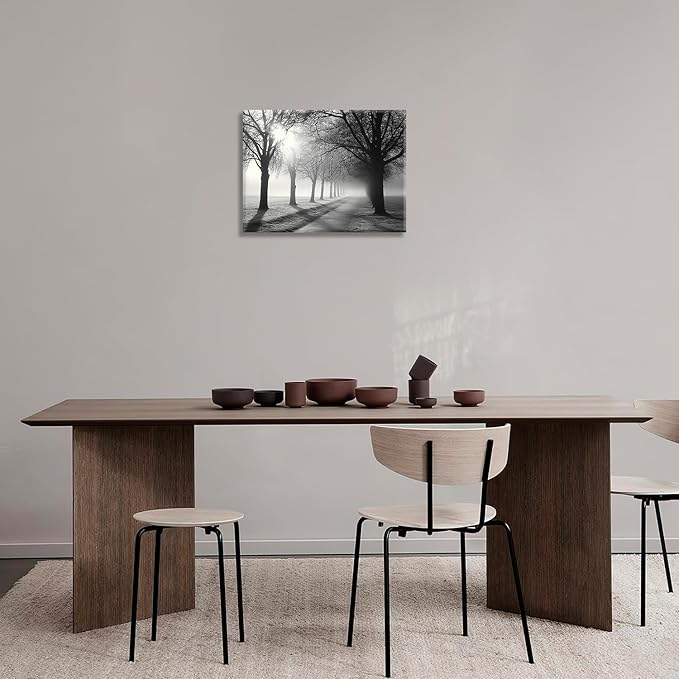 Olivine Tree Wall Art, Black And White Pictures Wall Decor, Mist Forest Painting Nature Lanscape Canvas Prints, Framed Artwork for Bathroom Bedroom Living Room Kitchen Office Home Decoration 16"x12"