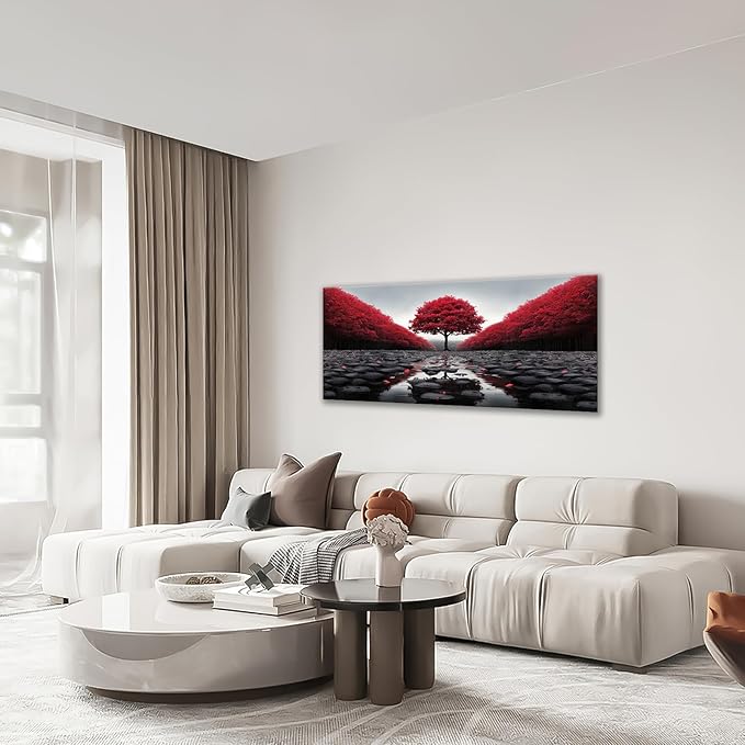 Red Tree Wall Art Tree of Life Large Zen Pictures Wall Decor Black and White Stone Canvas Prints Modern Framed Artwork for Living Room Bathroom Bedroom Office Spa Yoga 60"x30"