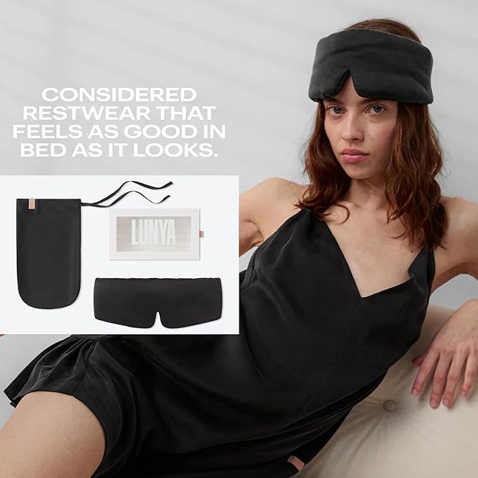 Lunya Sleep Mask with Box - Washable Silk Sleeping Mask and Headband for Beauty Routines - Thermoregulating Comfort for Restful Nights - Silk Eye Mask for Women - Immersed Black