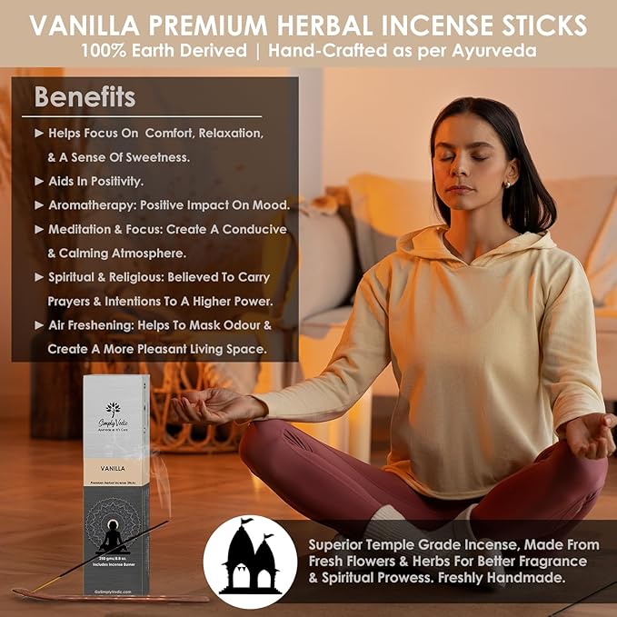 Vanilla Incense Sticks – 250g Pack (Approx. 135 Handmade Agarbatti + Free Holder) | Charcoal-Free | Natural Essential Oils for Meditation, Sleep, Mood, Yoga & Aromatherapy Use