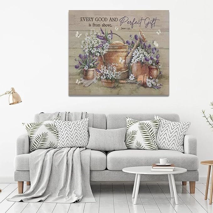 Country Bathroom Flower Wall Art Farmhouse Lavender Wall Decor Rustic Scripture Sign Canvas Painting Artwork Home Decorations for Man Teenager Office Bedroom Living Room Bathroom 24"x20"