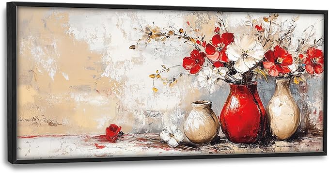 SweetFox Extra Large Vases with Flowers Framed Wall Art for Living Room, Farmhouse Floral Pictures Oversized Wall Decor Abstract Canvas Painting Print Artwork for Bathroom Master Bedroom 60L X 30W