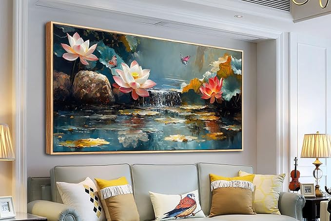 Anolyfi Canvas Wall Art Zen Decor Pink Lotus Picture Nature Flower Butterfly Landscape Painting Textured Artwork, Large Framed for Spa Living Room Bedroom Bathroom Yoga Room Office Home Decor 40"x20"