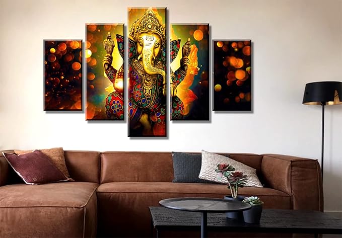 DJSYLIFE Extra Large Premium Quality Picture Canvas Wall Art - 5 Pieces Hindu God Ganesha Art Wall Home Decor HD Print Home Wall Hanging Art Prints Modular Pictures - Ready to Hang (60''W x 40''H)