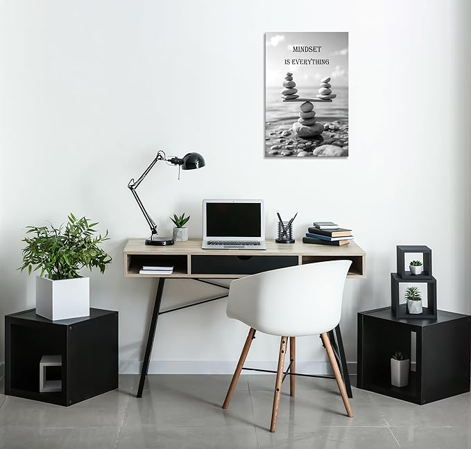 YIOZHAOFH Mindset Wall Art for Zen Office Inspirational Pictures Wall Decor Motivational Quotes Canvas Art Black and White Landscape Nature Print Poster Painting Framed for Meditation Spa Room Bedroom (12L x 16W)