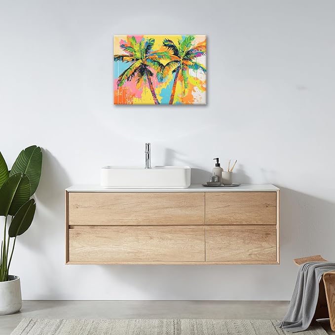 Olivine Tropical Wall Art, Palm Tree Pictures Wall Decor, Graffiti Painting, Colorful Summer Canvas Prints, Framed Artwork for Bathroom Living Room Bedroom Office Home Decoration 16"x12"