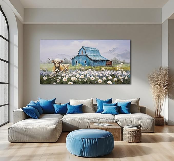 Anolyfi Barn Farmhouse Canvas Wall Art for Living Room, Highland Cow Picture and Country Chic Landscape Farm Painting Turquoise Artwork Framed Bedroom Bathroom Office Hallway Home Decor 40"x20"