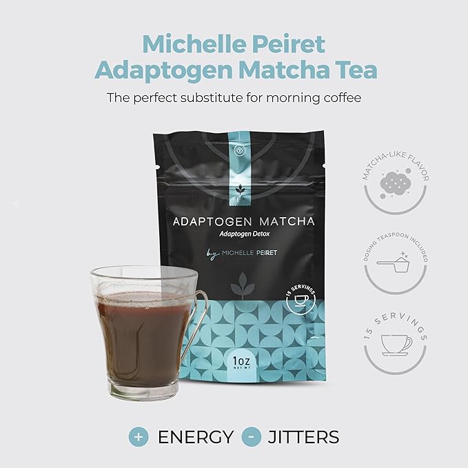 Michelle Peiret Adaptogen Ceremonial Grade Matcha Tea with Ashwagandha & Ginger Root, Perfect Coffee Substitute, Premium Blend, 15 Servings