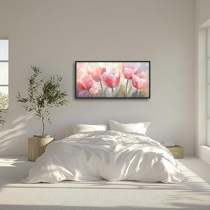 Kylora Tulip Wall Art Pink Tulips Pictures Wall Decor Pink Flowers Large Master Over Above Bed Canvas Prints Horizontal Modern Artwork Painting Home Office Decorations For Kitchen Bedroom 30"x60"