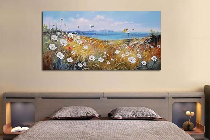 Anolyfi Flower Canvas Wall Art Nature Floral Landscape Textured Painting, White Wildflowers Daisy Butterfly Picture Artwork Large Framed for Living Room Bedroom Bathroom Office Home Decor 40"x20"