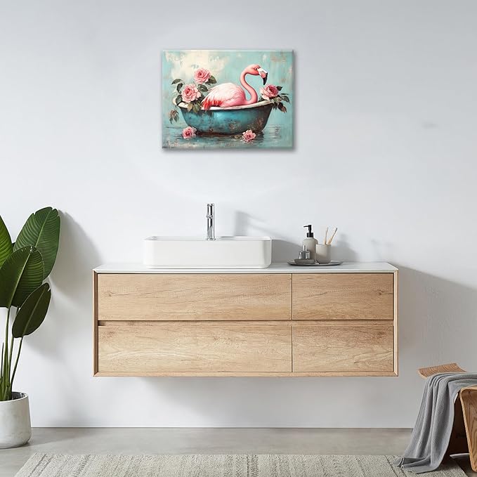Olivine Flamingo Wall Art, Funny Animal Bathtub Pictures Wall Decor, Vintage Flamingo Bathroom Painting Tropical Animal Canvas Prints, Framed Artwork for Bedroom Living Room Office Home 24"x20"