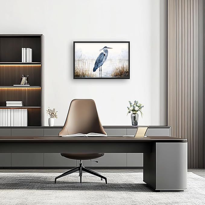 Heron Wall Art Blue Bird Pictures Wall Decor Chinoiserie Coastal Extra Large Canvas Prints Framed Artwork Paintings Home Office Decorations For Living Room Bedroom Dinning Room 36"x24"