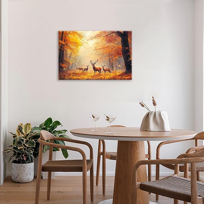 Olivine Deer Wall Art, Autumn Forest Pictures Wall Decor, Wildlife Painting, Fall Landscape Canvas Prints, Framed Artwork for Bathroom Bedroom Living Room Office Home Decoration 24''x16''