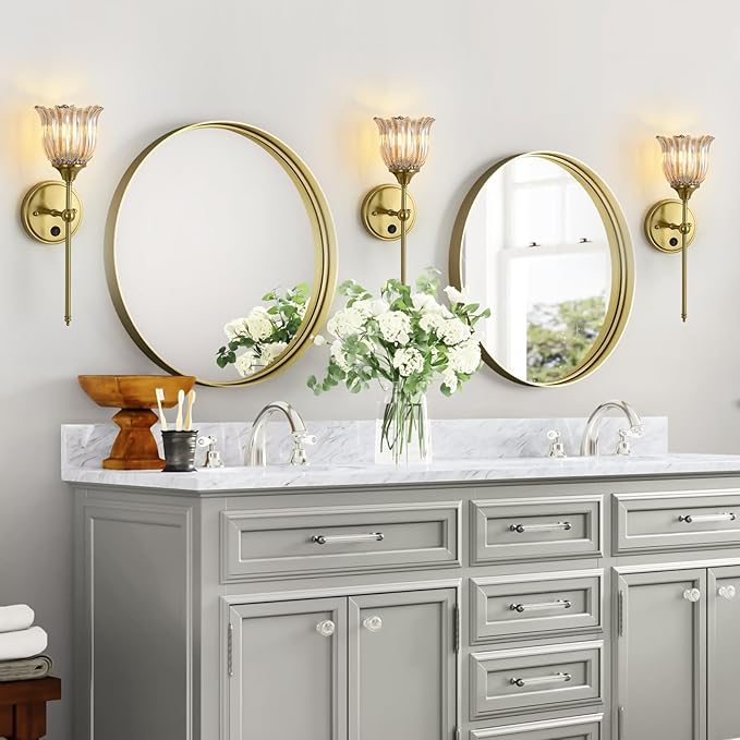 Modern Wall Sconces Set of 2 with Amber Flower Glass Shade, Mid Century Bathroom Vanity Wall Light Fixtures Gold Vintage Wall Lights with Switch for Mirror Bedroom Living Room