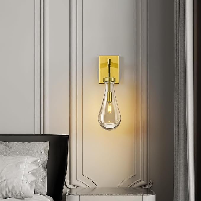 Raindrop Wall Sconces Gold Sconces Wall Decor Modern Brass Wall Lighting Glass Bathroom Sconces Indoor Vanity Light Wall Lamp for Bedroom Living Room Stair (1 Pack)