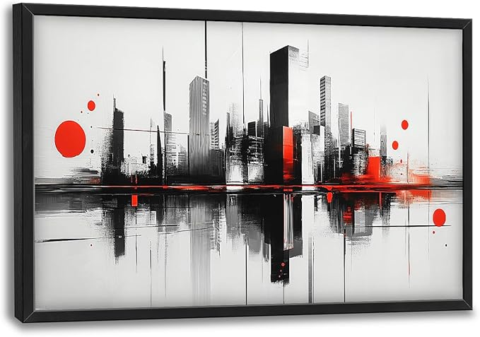 Black White Red City Wall Art City Skyline Pictures Wall Decor Large Abstract Canvas Prints Painting Framed Artwork Decoration Above Bed for Bedroom Living Room Gallery Office 36"x24"
