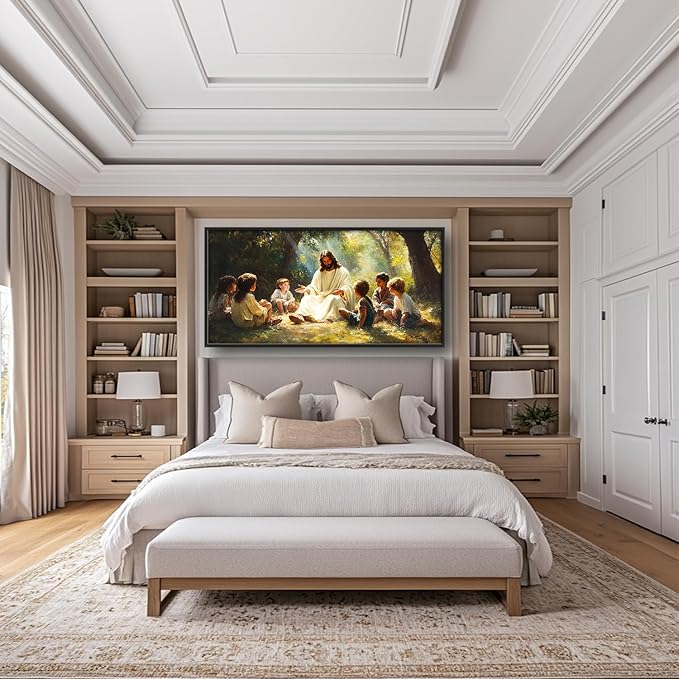 SweetFox Large Christian Jesus Framed Wall Art for Living Room, Jesus with Children Religious Pictures Oversized Wall Decor Abstract Canvas Painting Print Artworks for Bathroom Bedroom 60L X 30W