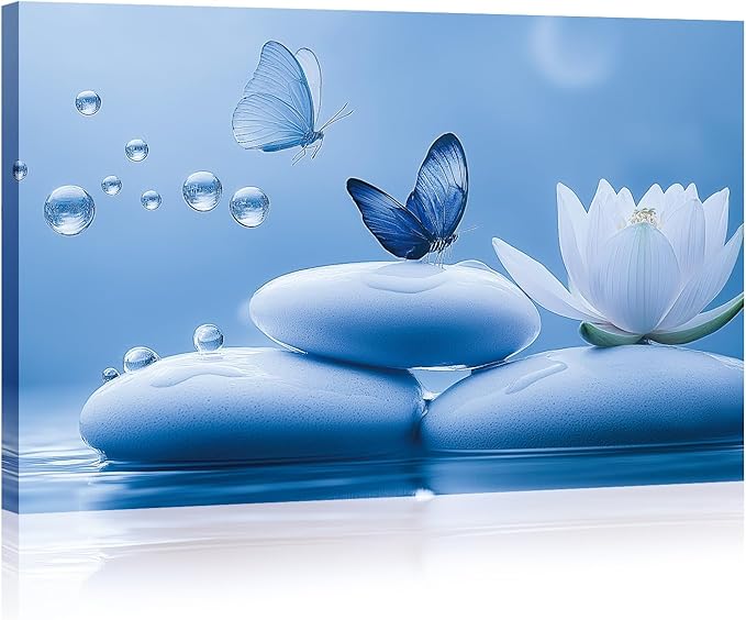 Zen Canvas Wall Art Bathroom Decor Bloom White Flower Prints Butterfly on Stone Picture Meditation Artwork for Living Room Office Yoga Spa Spiritual Room Decor Framed(Art-5,28.00x42.00 inch)
