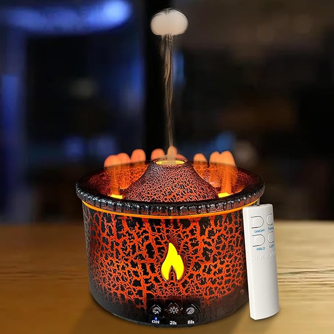 Volcano Diffuser, Essential Oil Diffuser 300ml Volcano Humidifier with Flame & Volcano Mist Mode, 2 Colors, Timer, Auto Shut-Off, Remote Control, Flame Diffusers for Home Bedroom Black