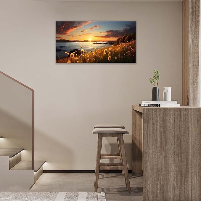 Dandelion Painting Wall Art Dandelion Landscape Pictures Wall Decor Flower Sunset Large Canvas Prints Modern Framed Artwork Home Decorations Above Bed for Living Room Dining Room Bedroom 60"x30"