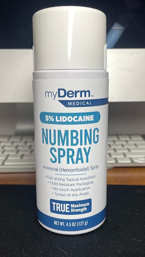 Myderm Medical Numbing Spray - 4.5oz - Maximum Strength 5% Lidocaine with Phenylephrine HCl and Witch Hazel - Fast-Acting Reliever with A Touch-Free Application - First Aid Supplies - Made in USA