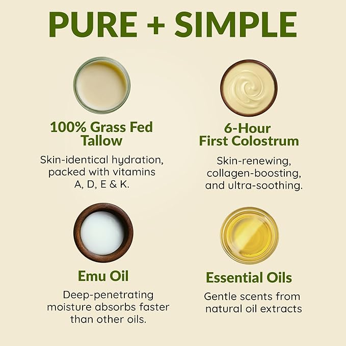 100% Grass Fed Tallow Balm with Colostrum & Emu Oil - Handmade Whipped Beef Tallow for Face and Body, Sensitive Skin Tallow Moisturizer made with True First Colostrum, (Vanilla + Ylang Ylang)