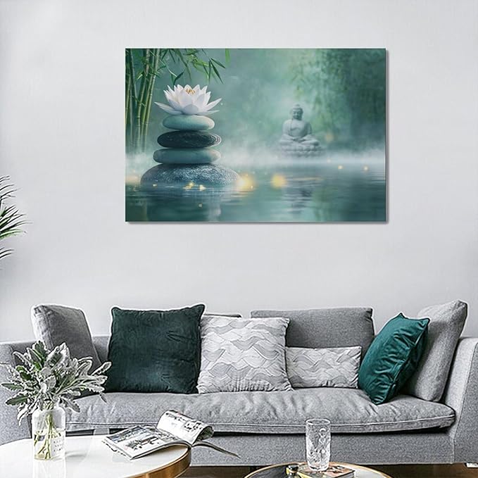 Olivine Zen Decor Wall Art, Lotus Pictures Wall Decor, Stones Flower Bloom Canvas Prints Painting, Framed Artwork for Meditation Bathroom Bedroom Living Room Office Home Decoration 24"x16"
