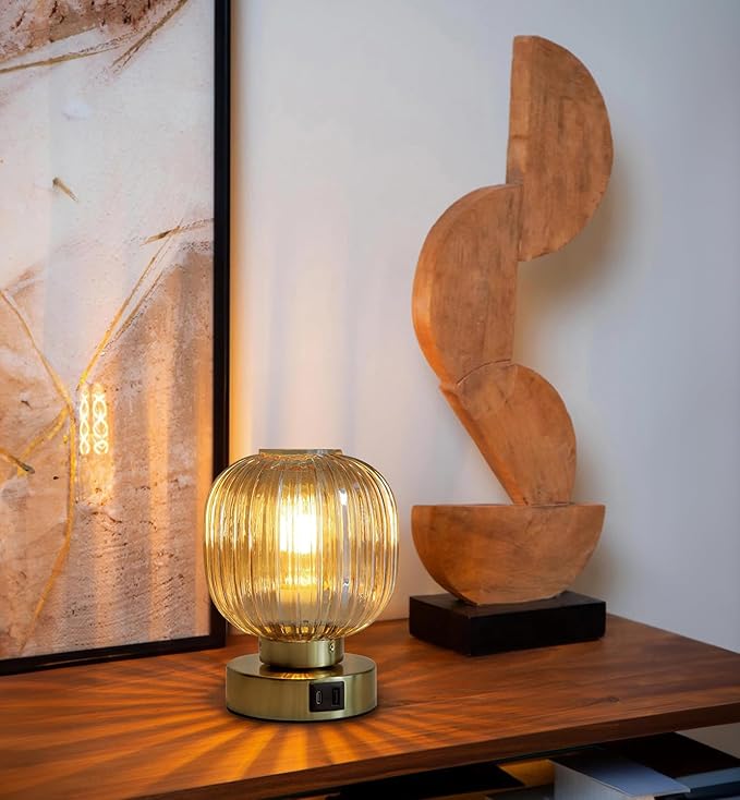 Touch Small Table Lamp,Elegant Gold Glass Bedside Lamp 3 Way Dimmable with USB C+A Charging Ports - Bedroom Nightstand & Living Room Essential, 4W Bulb Included (Gold)