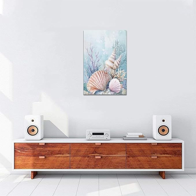 Fleruku Beach Coral Shells Wall Art Nautical Sea Wall Decor Ocean Pictures Canvas Painting Artwork Home Decorations for Living Room Bedroom Bathroom Office Nursery 16"x24"
