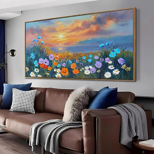 Ardemy Landscape Wall Art for Living Room Coastal Sunset Flower Canvas Bedroom Textured Floral Wildflower Blue Ocean Painting Nature Artwork Home Office Wall Decor, Wood Framed Extra Large 58"x29"